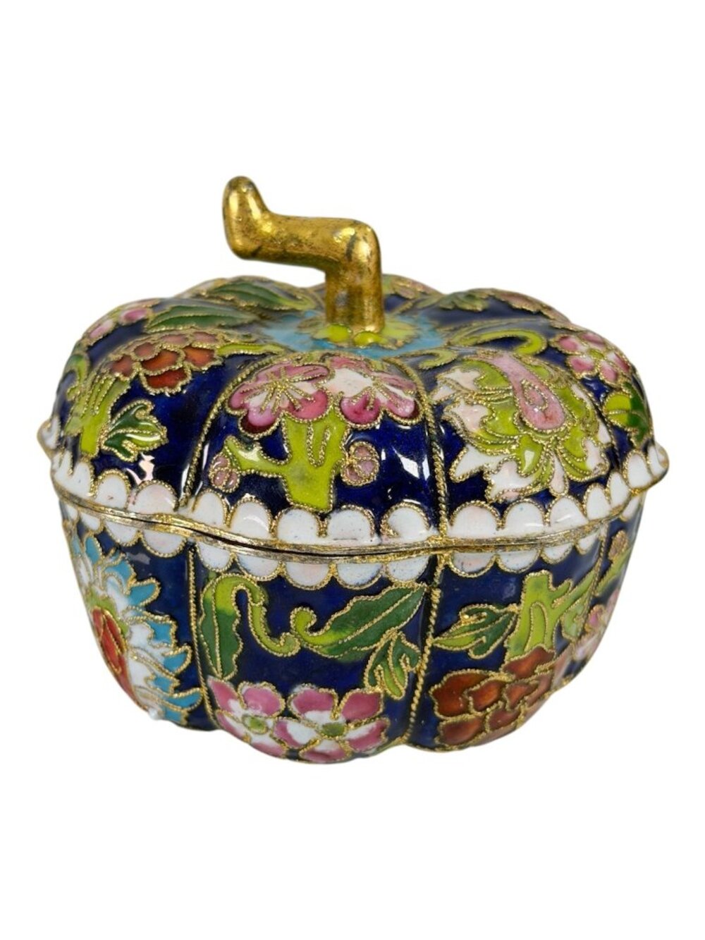 Vintage Cloisonne Enameled Pumpkin Cobalt Blue Trinket Box Flowers Floral